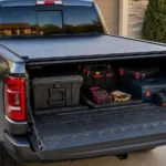 A retractable tonneau cover partially open over organized tool boxes in a pickup truck bed.