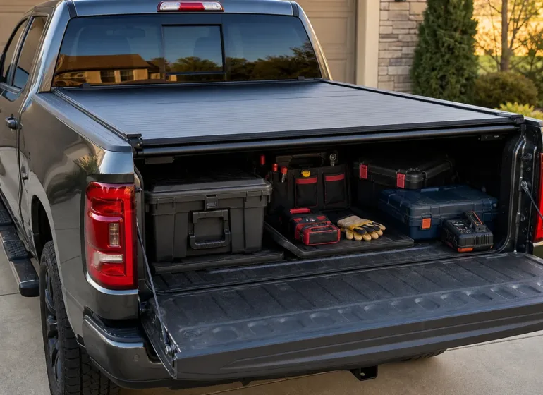 A retractable tonneau cover partially open over organized tool boxes in a pickup truck bed.