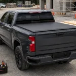 A work truck with a closed hard tonneau cover parked at a commercial jobsite with organized tools and materials nearby.
