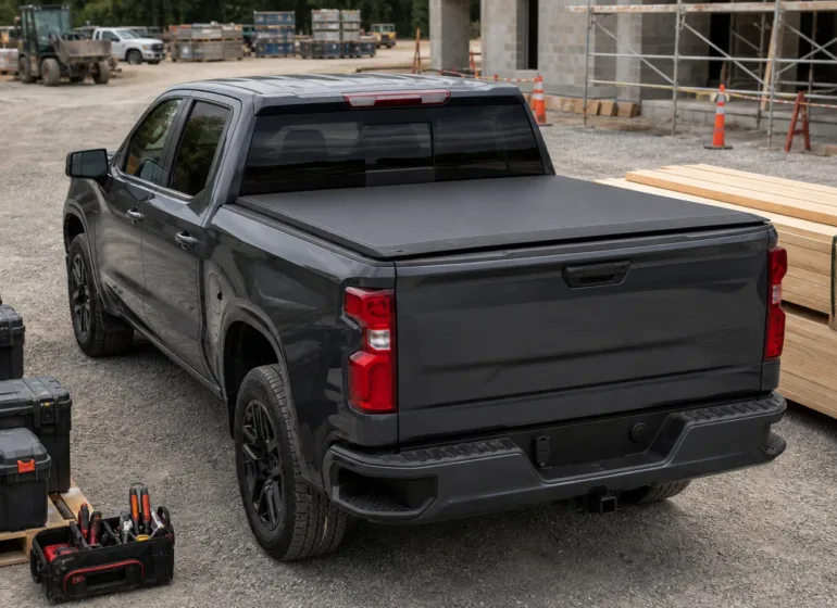 A work truck with a closed hard tonneau cover parked at a commercial jobsite with organized tools and materials nearby.
