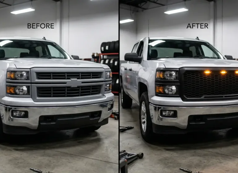 Two identical pickup trucks parked next to each other, one featuring a boring factory grille and the other featuring an aggressive aftermarket matte black grille with amber LED lights.