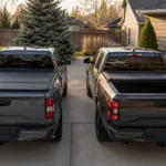 Two pickup trucks parked side by side, one with a soft tri-fold tonneau cover and one with a retractable tonneau cover partially open.