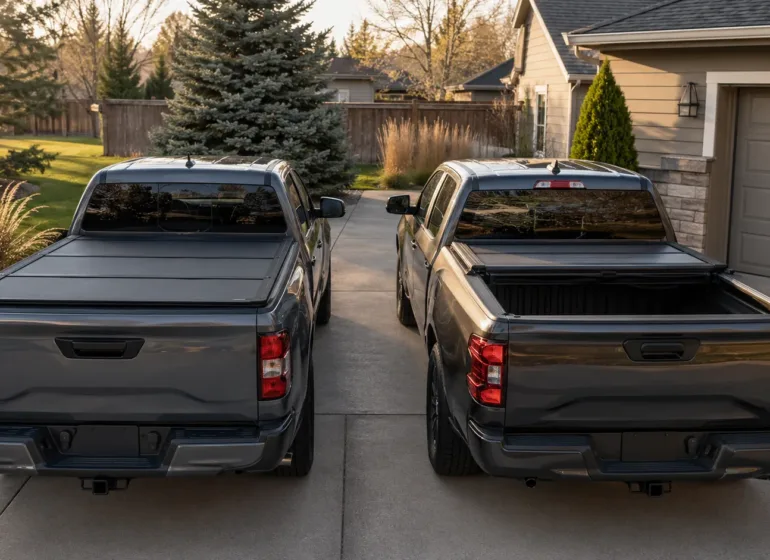 Two pickup trucks parked side by side, one with a soft tri-fold tonneau cover and one with a retractable tonneau cover partially open.