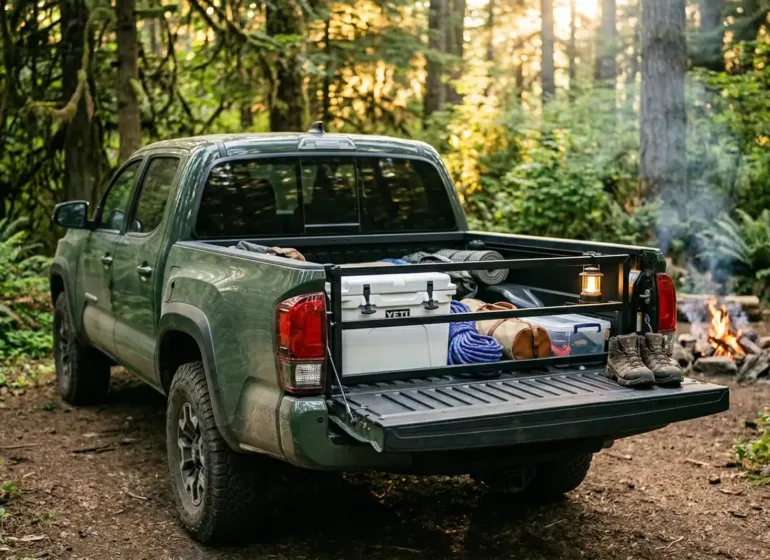A pickup truck parked at a forest campsite with the tailgate down, showing a truck bed divider keeping a cooler and camping gear perfectly organized and easy to reach.