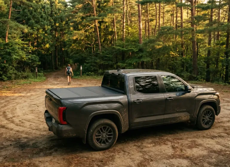 A modern pickup truck with a black hard folding tonneau cover parked at a forest trailhead, securely holding expensive outdoor gear.