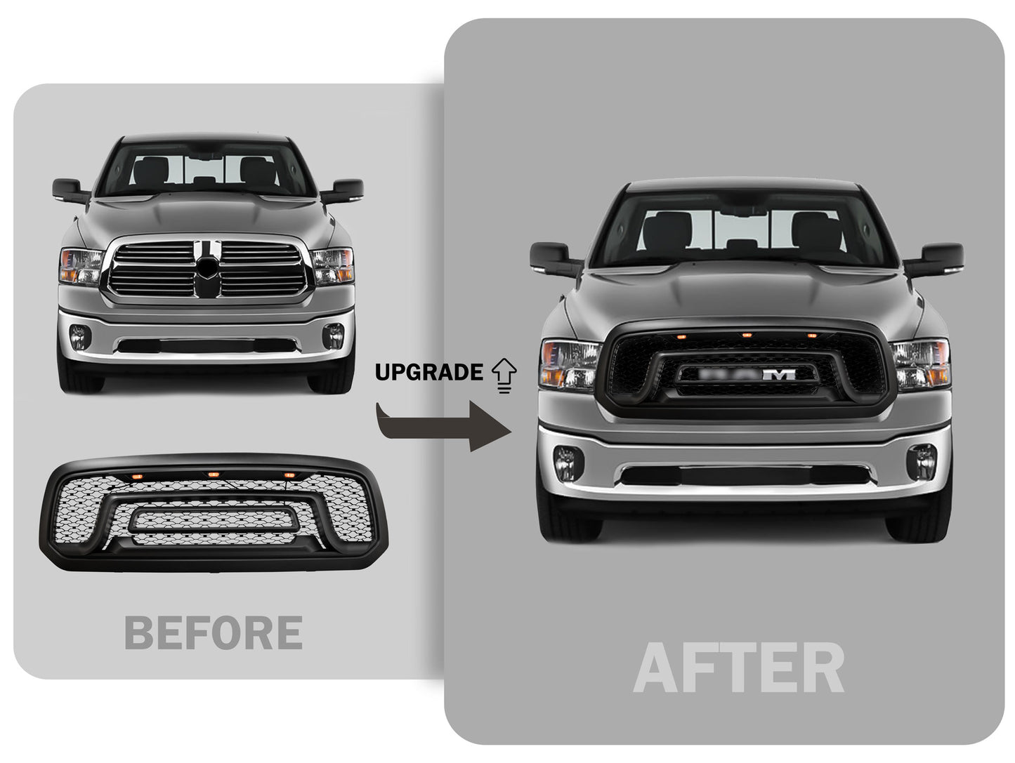 TGN Rebel Style Matte Black Grille W/Letters W/LED Fits 2013-2018 RAM 1500 - GRL-13RAM1500-012