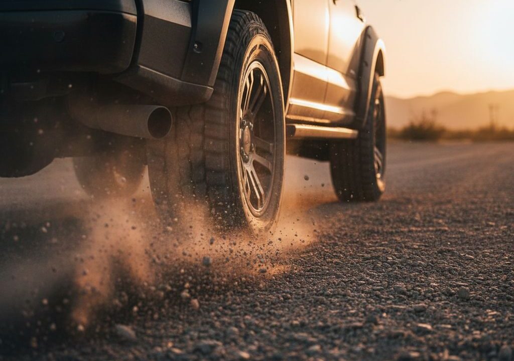 Truck driving on gravel road kicking up rocks, demonstrating the need for heavy duty truck fender flares protection.