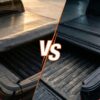 Split screen comparison of a truck with a soft roll-up cover versus a hard folding tonneau cover.
