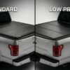 Split screen comparing a bulky tri-fold tonneau cover versus a sleek low profile quad-fold cover on a Ford F-150.